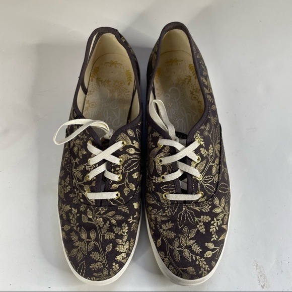 Keds x Rifle Paper Co. Black with Gold Floral Design Size 10 - Picture 1 of 7